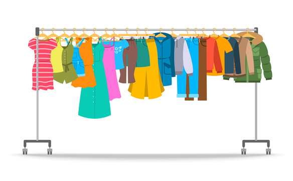 Men And Women Casual Clothes On Hanger Rack. Flat Style Vector Illustration. Male And Female Apparel Hanging On Shop Rolling Display Stand. New Fashion Collection. Seasonal Sale Concept