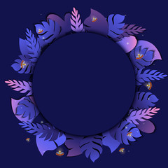 Summer tropical palm leaves round template with twinkling fireflies on purple background. Vector floral backdrop made in 3D trendy paper cut out style. Exotic wildlife concept.