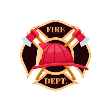 Plastic red fire helmet, fighting fire. Fire dept logo icon.