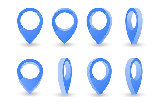 Map Pointer Set. Maps Pin Inverted Drop Shaped Blue Icon To Mark Location. Vector Flat Style Cartoon Illustration. Neon And 3d Elements