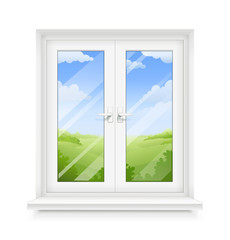 White classic plastic window with windowsill. Transparent