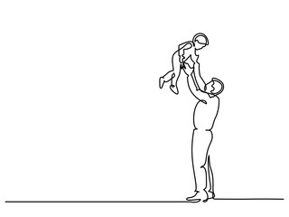 Continuous one line drawing vector illustration. Father with son in hands.