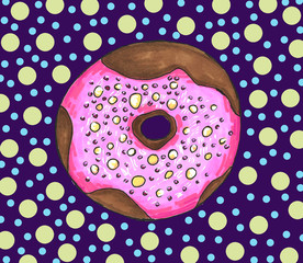 Hand drawn color bakery donut with abstract background dot pink