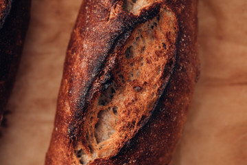 French baguette closeup. Toned image. Copy space.