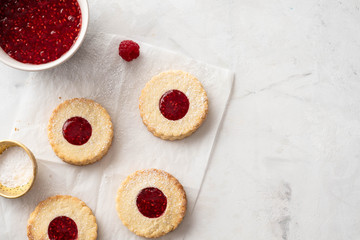 Cookies with jam on white background. Top view.