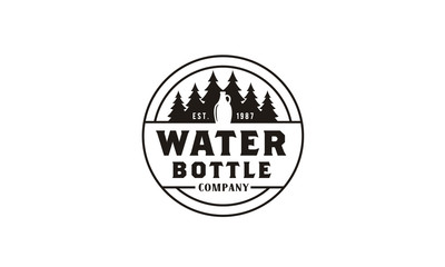 Obraz premium Pines Evergreen Fir Tree Forest Mountain with bottle for fresh aqua mineral water logo design inspiration