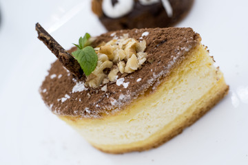 Isolated baked sweet chocolate slice of cheesecake dessert sugar homemade piece cake