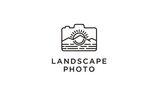 Line art Mountain Sea Sun and camera for traveling adventure outdoor photographer logo design inspiration