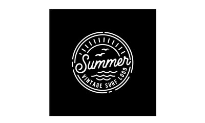 Ocean Sea Wave Birds Sun for Summer Surf Beach Vacation Holiday Line Art Vintage Hipster Label Stamp Logo design 