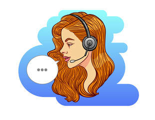 Vector colorful illustration of a beautiful woman working as consultant. Portrait of a girl in profile with a headphone