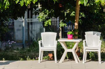 Obraz premium Plastic chairs under a tree in Leptokaria, Greece 