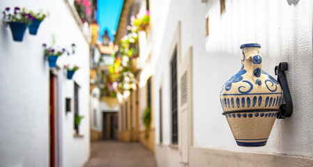 Narrow street in Cordoba with flowers on the wall