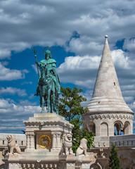 Fototapeta na wymiar Statue of Saint Stephen I in Front of Fisherman's Bastion, Budapest