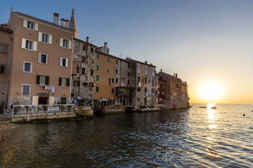 Cityscape of Rovinj town at sunset