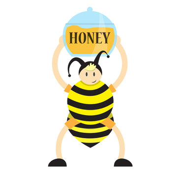 boy in a bee costume holds a container with honey,vector image, flat design