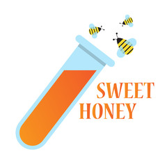 test tube with sweet honey,bees and sweet liquid,vector image, flat design
