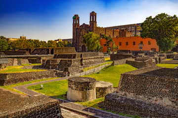 Fototapeta na wymiar Mexico. The City of Mexico (CDMX). Archaeological Zone of Tlatelolco. There is Church of Santiago Apostle in the background
