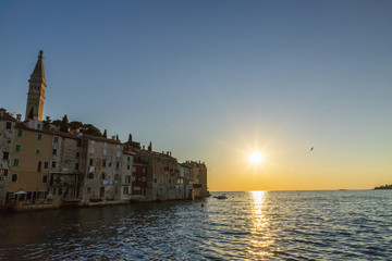 Cityscape of Rovinj town at sunset