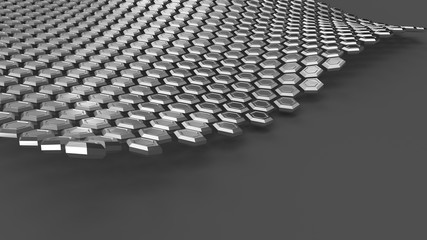 The steel hexagons in wave form levitating above gray surface. Abstract industrial background