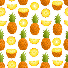 Vector pattern with cartoon pineapple isolated on white.