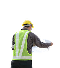 Asian business man construction engineer hold blueprint paper isolated on white background with clipping path