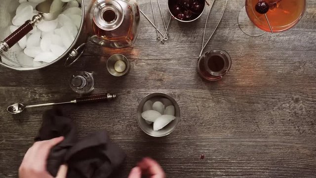 Step by step. Time lapse. Preparing Manhattan cocktail at home bar