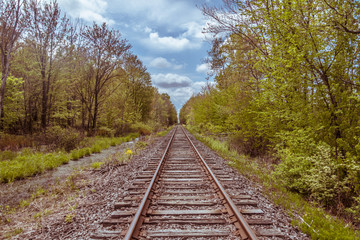 Fototapeta premium Train Track Into the Distance with Clouds and Trees