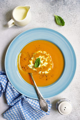 Delicious pumpkin soup.Top view.