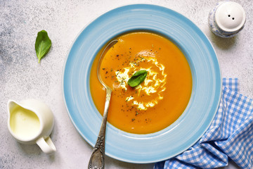 Delicious pumpkin soup.Top view.