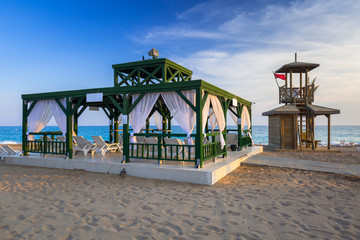 Beautiful beach scenery on Turkish Riviera at sunset, Side