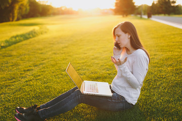 Young smart student female in casual clothes. Woman talking on mobile phone, working on laptop pc computer in city park on green grass sunshine lawn outdoors. Mobile Office. Freelance business concept