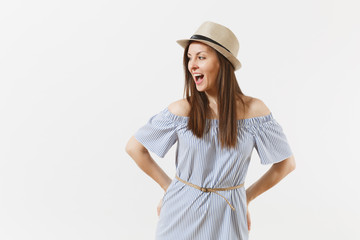 Young tender elegant charming woman dressed blue dress, cute hat with long brunette hair posing isolated on white background. People, sincere emotions, lifestyle concept. Advertising area. Copy space.