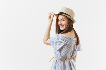 Young tender elegant charming woman dressed blue dress, cute hat with long brunette hair posing isolated on white background. People, sincere emotions, lifestyle concept. Advertising area. Copy space.