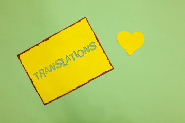 Writing note showing Translations. Business photo showcasing Written or printed process of translating words text voice Nice lime colour grey shadow art paper lovely love hart romantic ideas.