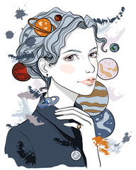 Portrait of a beautiful girl with planets around her face. Fashion vector illustration on abstract background