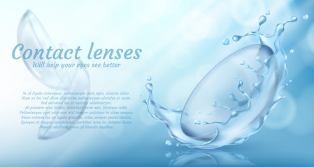 Vector realistic promotion banner with contact lenses in water splash for eye care on blue background. Medical accessory used in ophthalmology to correct vision. Mockup for product ads, package design