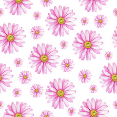 Watercolor hand painted seamless pattern of pink flowers.
