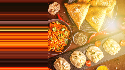 Assorted Uzbek food set, pilaf, samsa, lagman, manta and Korean carrots, Uzbek restaurant concept, Uzbek food feast. Festive, homemade lunch, dinner for the whole family. copy space, top view