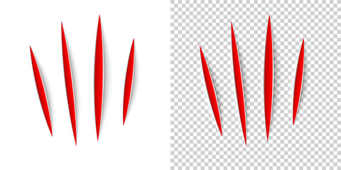 Claws animal scratches on transparent background. Vector realistic red cut with a office knife on paper sheet isolated. Claws animal scratches on transparent background.