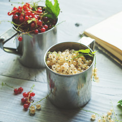 White and red currant in metal mugs