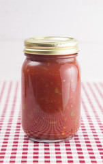 Salsa on a Red Gingham Table Cloth in a Home Canning Jar