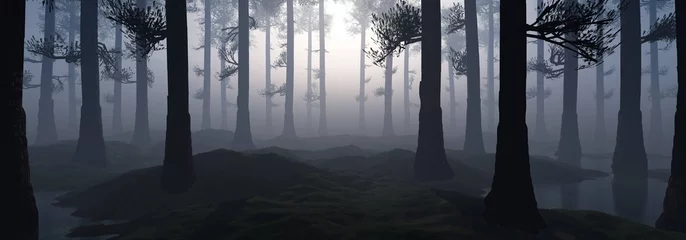 Rolgordijnen Trees in the fog. The smoke in the forest in the morning. A misty morning among the trees.  3D rendering   © ustas