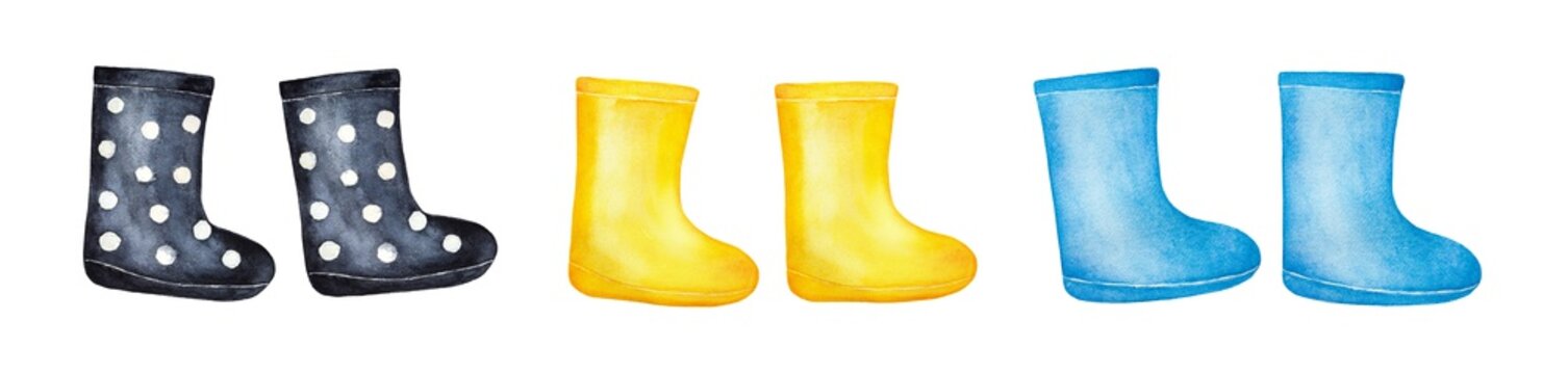 Collection of different rubber rain boots. Classic design, happy mood, bright colours, side view. Hand drawn watercolour sketchy paint on white background, cut out clipart elements for decoration.