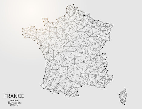 A map of France consisting of 3D triangles, lines, points, and connections. Vector illustration of the EPS 10.