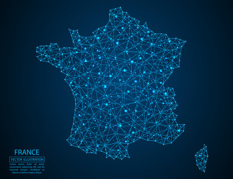 A map of France consisting of 3D triangles, lines, points, and connections. Vector illustration of the EPS 10.