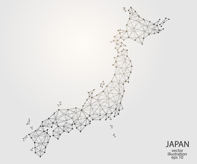 Obraz premium A map of Japan consisting of 3D triangles, lines, points, and connections. Vector illustration of the EPS 10.