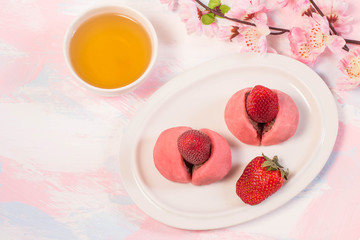 Japanese dessert daifuku mochi with sweet bean paste and strawberry