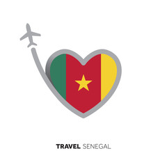 Senegal travel concept. Heart shape flag with airplane