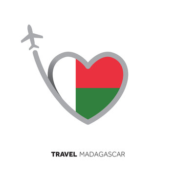 Madagascar travel concept. Heart shape flag with airplane