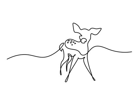 Continuous line drawing. Funny Roe Deer Fawn cub baby. Vector illustration. Concept for logo, card, banner, poster flyer